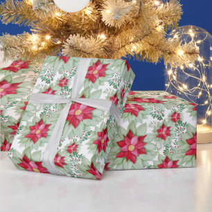 Papier Cadeau Aquarelle de Noël Poinsettia Peinte à la main