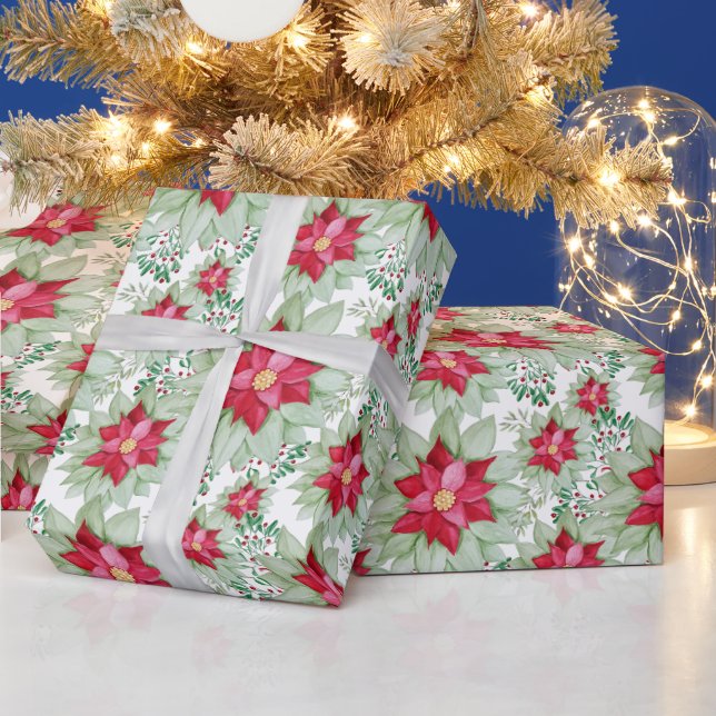 Papier Cadeau Aquarelle de Noël Poinsettia Peinte à la main (Vacances)