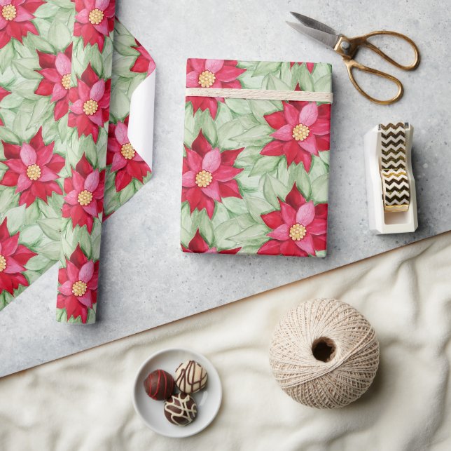 Papier Cadeau Aquarelle de Noël Poinsettia Peinte à la main (Artisanat)