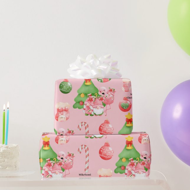 Papier Cadeau Aquarelle de Noël rose et vert Tropical (Cadeaux de fête)
