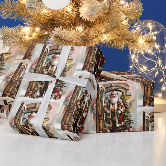 Papier Cadeau Aquarelle de Noël Santa Claus avec chiot (Vacances)