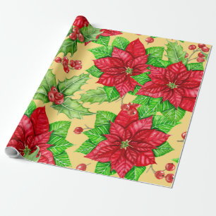 Papier Cadeau Aquarelle de Poinsettia et de baies sèches