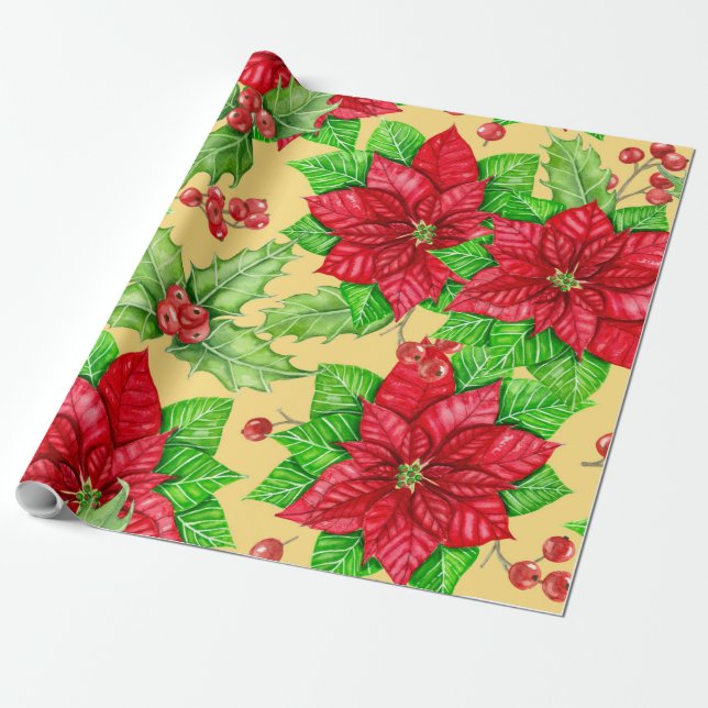 Papier Cadeau Aquarelle de Poinsettia et de baies sèches (Déroulé)