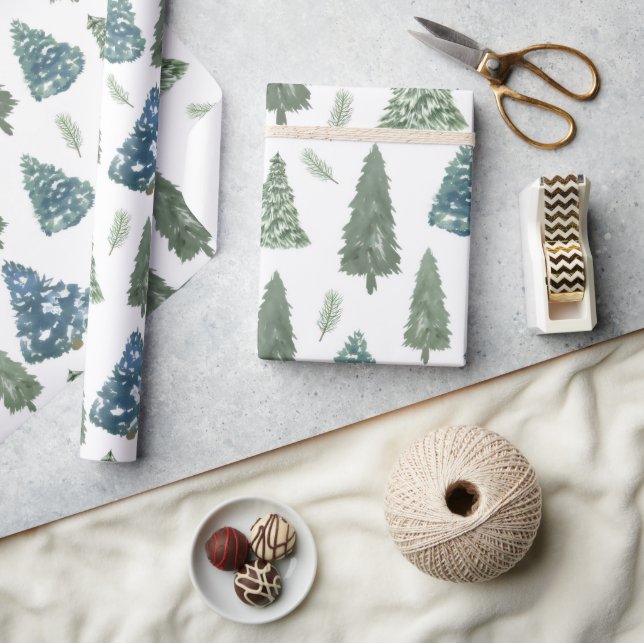 Papier Cadeau Aquarelle d'hiver moderne pin vert arbre Noël (Artisanat)