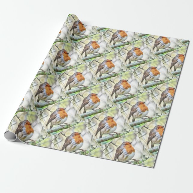 Papier Cadeau Aquarelle d'hiver Robin de Noël (Déroulé)