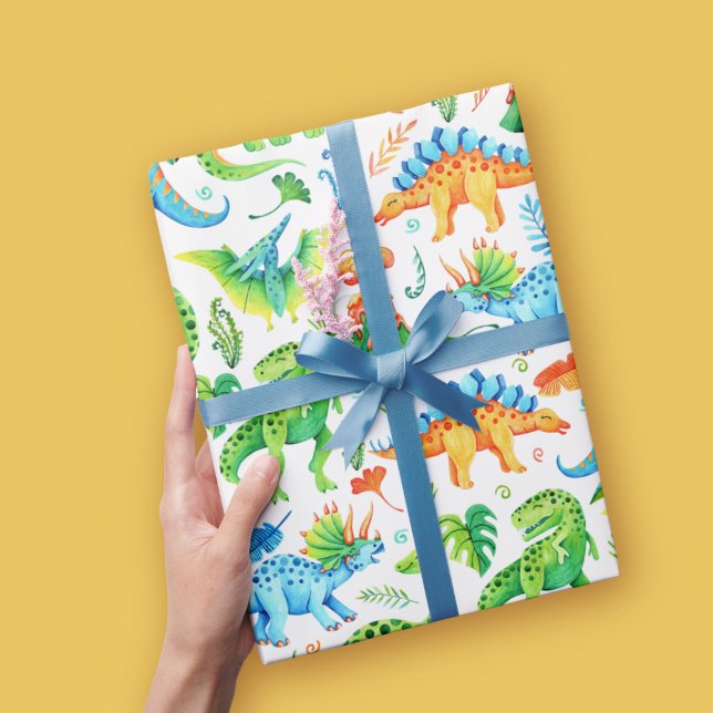 Papier Cadeau Aquarelle Dinosaure Motif Vert, orange, bleu (Watercolor Dinosaurs Green, Orange, Blue Wrapping Paper)