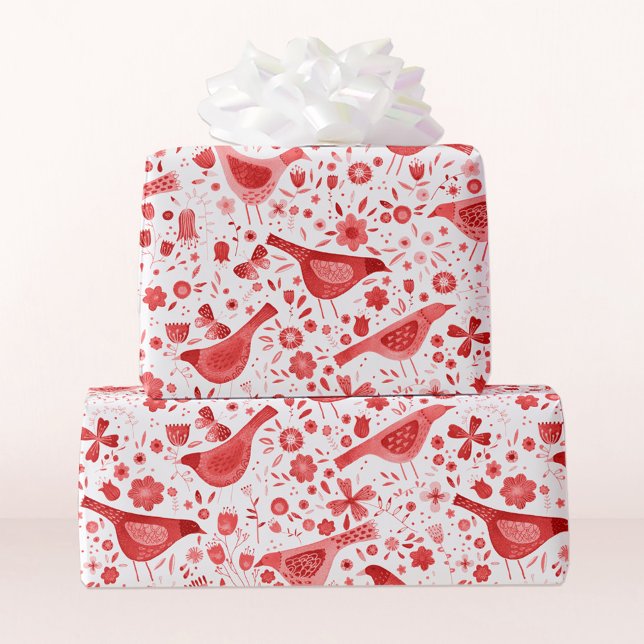 Papier Cadeau Aquarelle d'oiseaux Fêtes de Noël rouges (Pretty red and white watercolor bird and flower art gift wrapping paper)