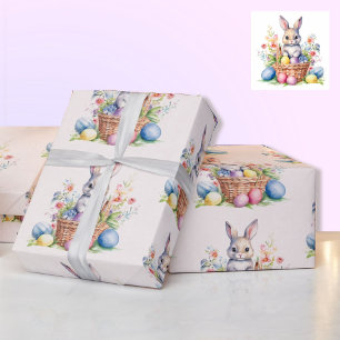 Papier Cadeau Aquarelle douce Pâques Panier Oeufs de lapin Cadea
