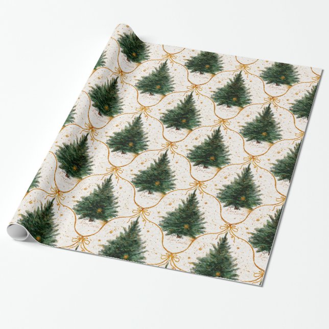 Papier Cadeau Aquarelle élégante Arbres de Noël avec des vaches  (Déroulé)