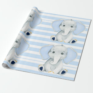 Papier Cadeau Aquarelle Elephant Avec Baby shower Bleu Stripes