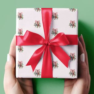 Papier Cadeau Aquarelle Evergreen, Baies et Nœud Rouge Blanc
