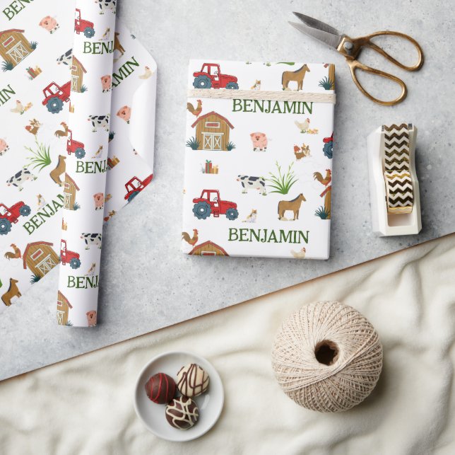 Papier Cadeau Aquarelle Ferme Animaux d'anniversaire Nom personn (Artisanat)