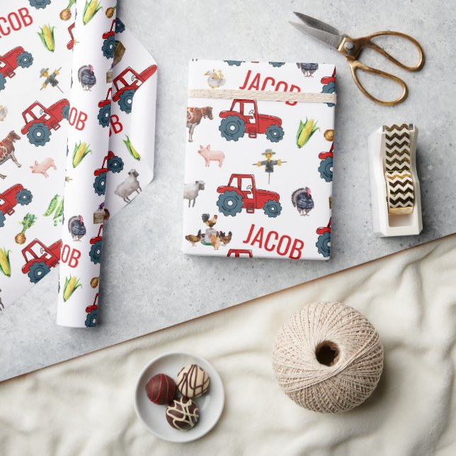 Papier Cadeau Aquarelle Ferme Animaux d'anniversaire Nom personn (Artisanat)