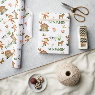 Papier Cadeau Aquarelle Ferme Animaux d'anniversaire Nom personn