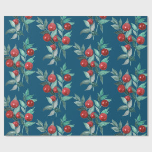 Papier Cadeau Aquarelle Festin Noël Baies rouges Bleu foncé