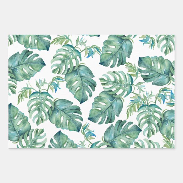 Papier Cadeau Aquarelle Feuille de Père Noël et Palm Tropical (Devant)