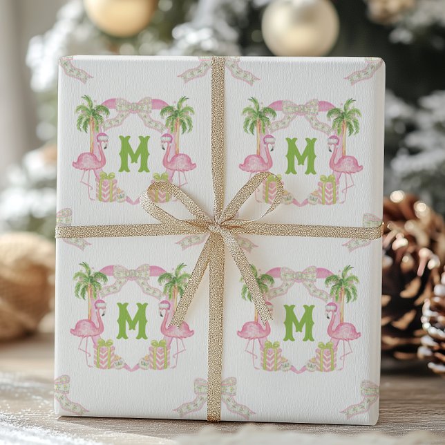 Papier Cadeau Aquarelle Flamant rose rose Monogramme Crest (Créateur téléchargé)
