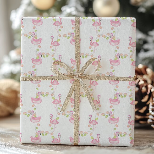 Papier Cadeau Aquarelle Flamants roses et lumières roses Noël (Créateur téléchargé)