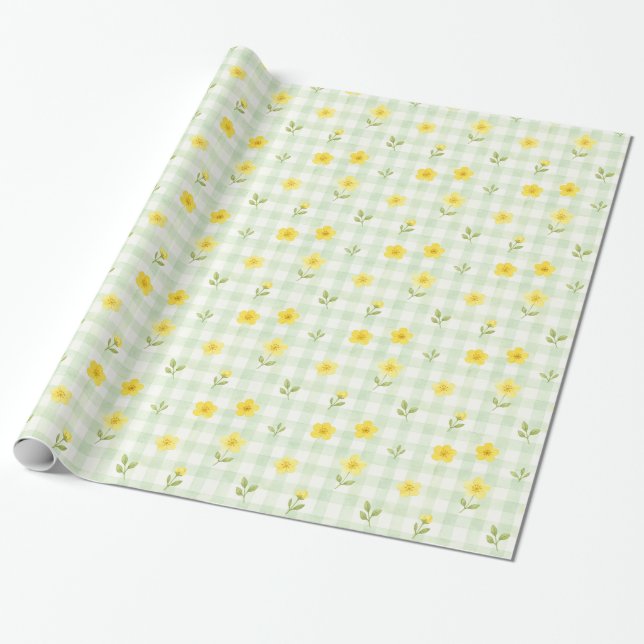 Papier Cadeau Aquarelle Fleur Jaune Gingham Vert (Déroulé)