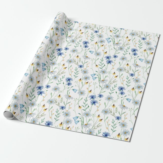 Papier Cadeau Aquarelle Fleur sauvage bleu (Déroulé)