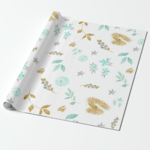 Papier Cadeau Aquarelle Fleurs Bleu Clair et Paillettes Dorées