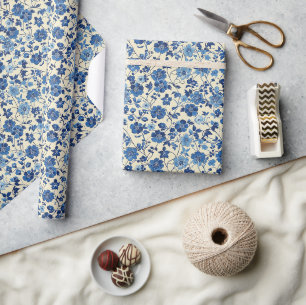 Papier Cadeau Aquarelle fleurs bleues Chinoiserie jardin de prin