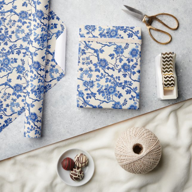 Papier Cadeau Aquarelle fleurs bleues Chinoiserie jardin de prin (Artisanat)