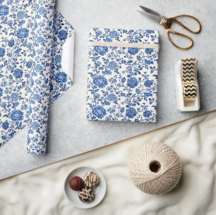 Papier Cadeau Aquarelle fleurs bleues Chinoiserie jardin de prin