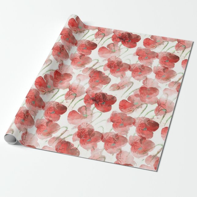Papier Cadeau Aquarelle Fleurs de pavot rouge (Déroulé)