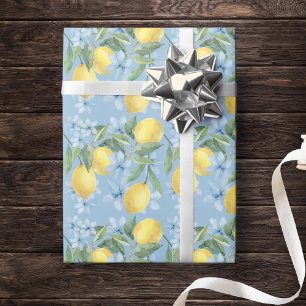 Papier Cadeau Aquarelle Fleurs et Citron Bleu