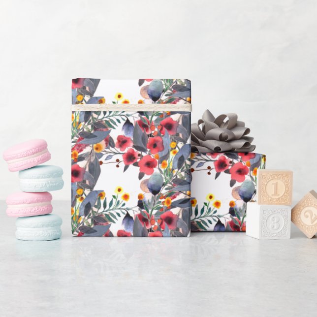 Papier Cadeau Aquarelle Fleurs roses avec Feuilles gris bleu (Baby Shower)