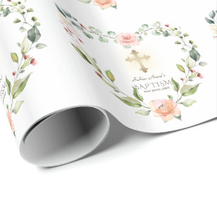 Papier Cadeau Aquarelle Fleurs roses Croix d'or Fille Baptême