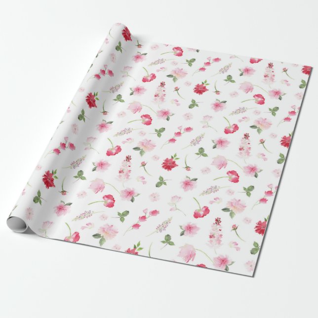 Papier Cadeau Aquarelle Fleurs Roses Rouges  (Déroulé)