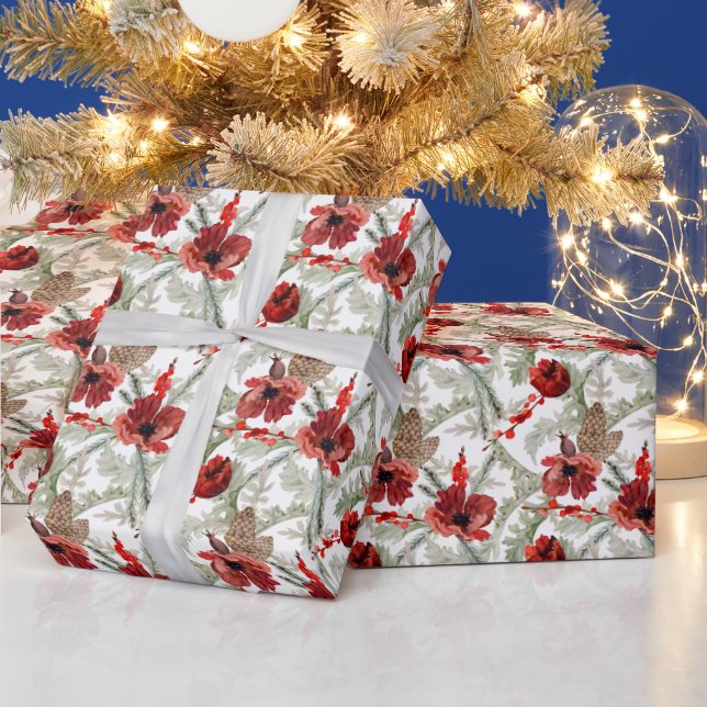 Papier Cadeau Aquarelle Fleurs rouges Motif de Noël vert (Vacances)