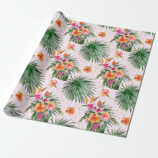 Papier Cadeau Aquarelle Fleurs tropicales Feuilles de palmiers b (Déroulé)