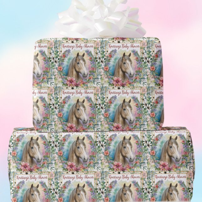 Papier Cadeau Aquarelle Floral Horse Baby shower (Baby shower horse watercolor floral wrapping paper with name!)