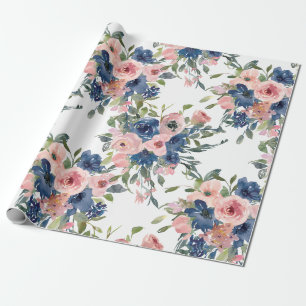 Papier Cadeau Aquarelle floral naval et rose