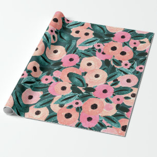 Papier Cadeau Aquarelle Floral Teal et Rose