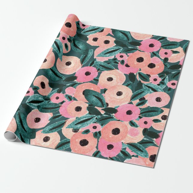 Papier Cadeau Aquarelle Floral Teal et Rose (Déroulé)