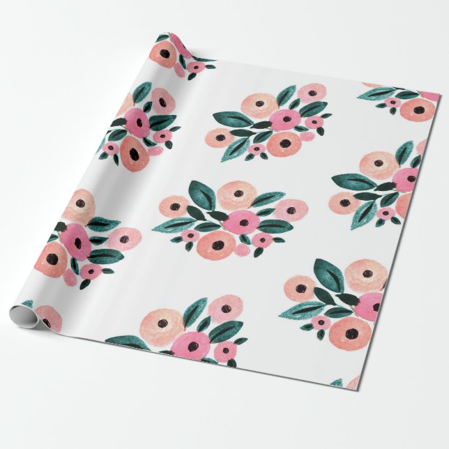 Papier Cadeau Aquarelle Floral Teal et Rose (Déroulé)