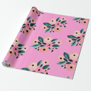 Papier Cadeau Aquarelle Floral Teal et Rose