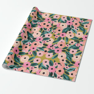 Papier Cadeau Aquarelle floral teal, rose et or