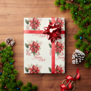 Papier Cadeau Aquarelle Floral Vintage Rouge Noël Poinsettia Chr