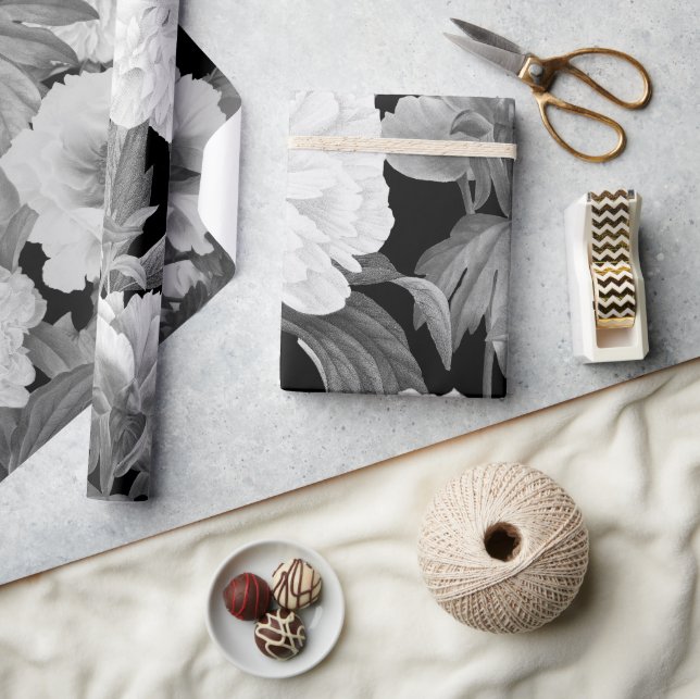 Papier Cadeau Aquarelle florale Black & White Peonies (Artisanat)