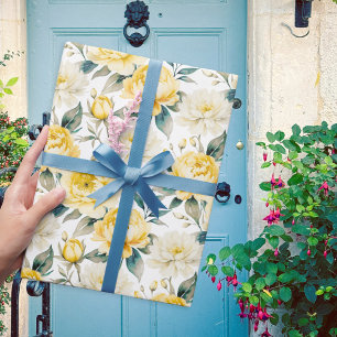 Papier Cadeau Aquarelle florale de pivoine jaune et de chrysanth