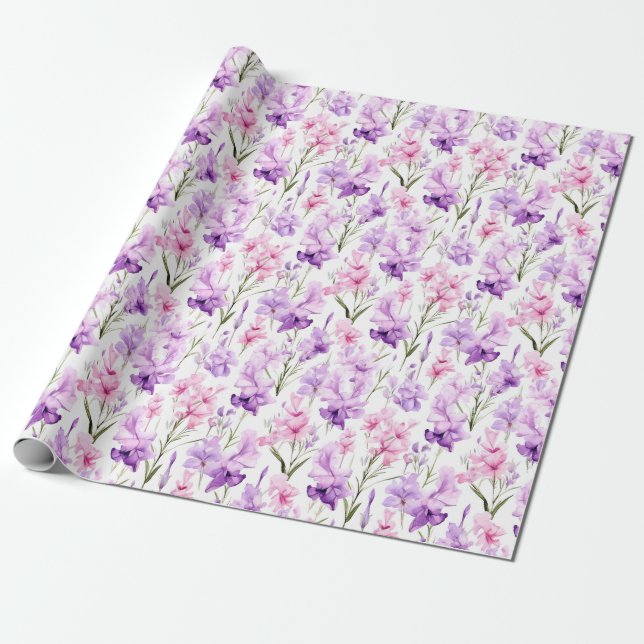 Papier Cadeau Aquarelle florale - Gladiolas rose et violet (Déroulé)