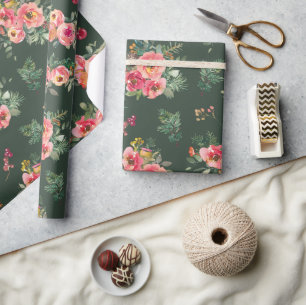 Papier Cadeau Aquarelle Florale Noël vert botanique