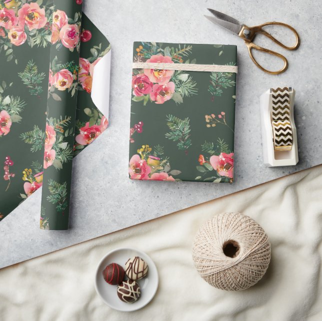 Papier Cadeau Aquarelle Florale | Noël vert botanique (Artisanat)