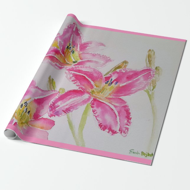 Papier Cadeau Aquarelle florale rose Lillies (Déroulé)