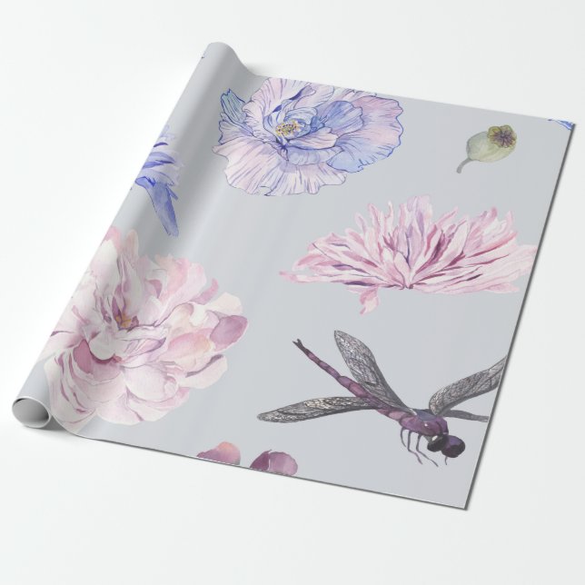 Papier Cadeau Aquarelle florale rose rose (Déroulé)